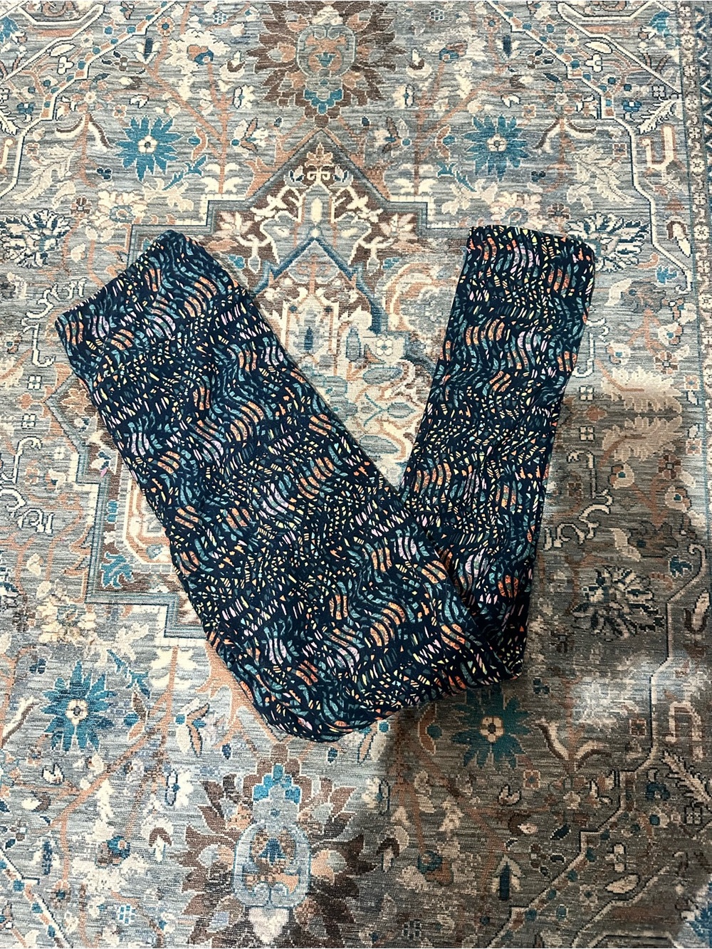 LuLaRoe Navy Multi-Pattern Leggings with Teal and Coral Accents